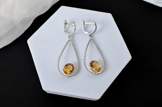 925 Silver Citrine Teardrop Earrings – Handmade Twisted-Rope Gemstone Jewelry