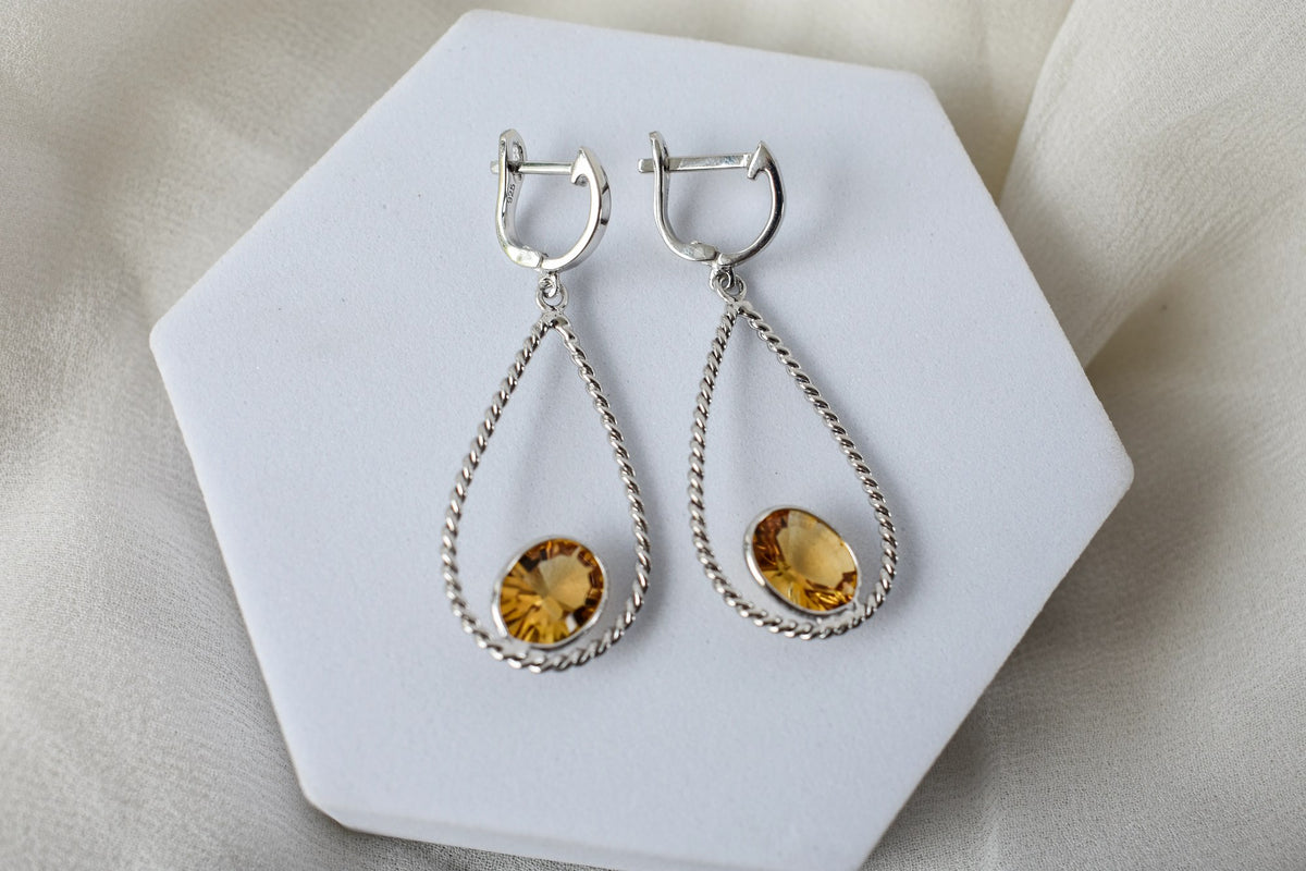 925 Silver Citrine Teardrop Earrings – Handmade Twisted-Rope Gemstone Jewelry