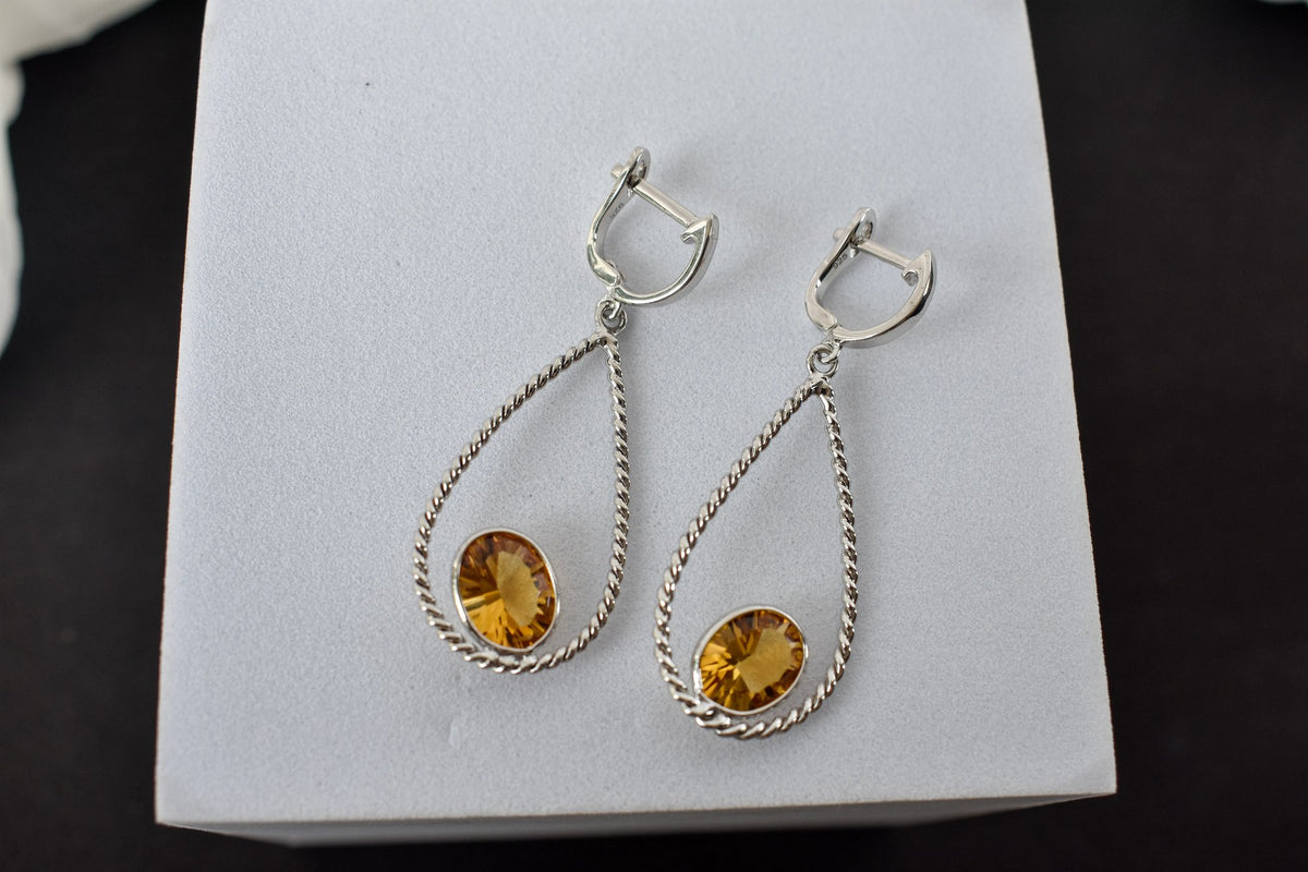 925 Silver Citrine Teardrop Earrings – Handmade Twisted-Rope Gemstone Jewelry