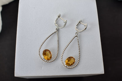 925 Silver Citrine Teardrop Earrings – Handmade Twisted-Rope Gemstone Jewelry