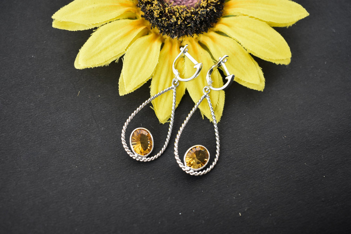 925 Silver Citrine Teardrop Earrings – Handmade Twisted-Rope Gemstone Jewelry
