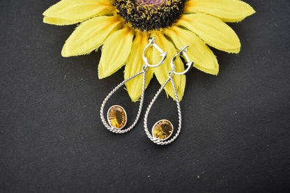 925 Silver Citrine Teardrop Earrings – Handmade Twisted-Rope Gemstone Jewelry