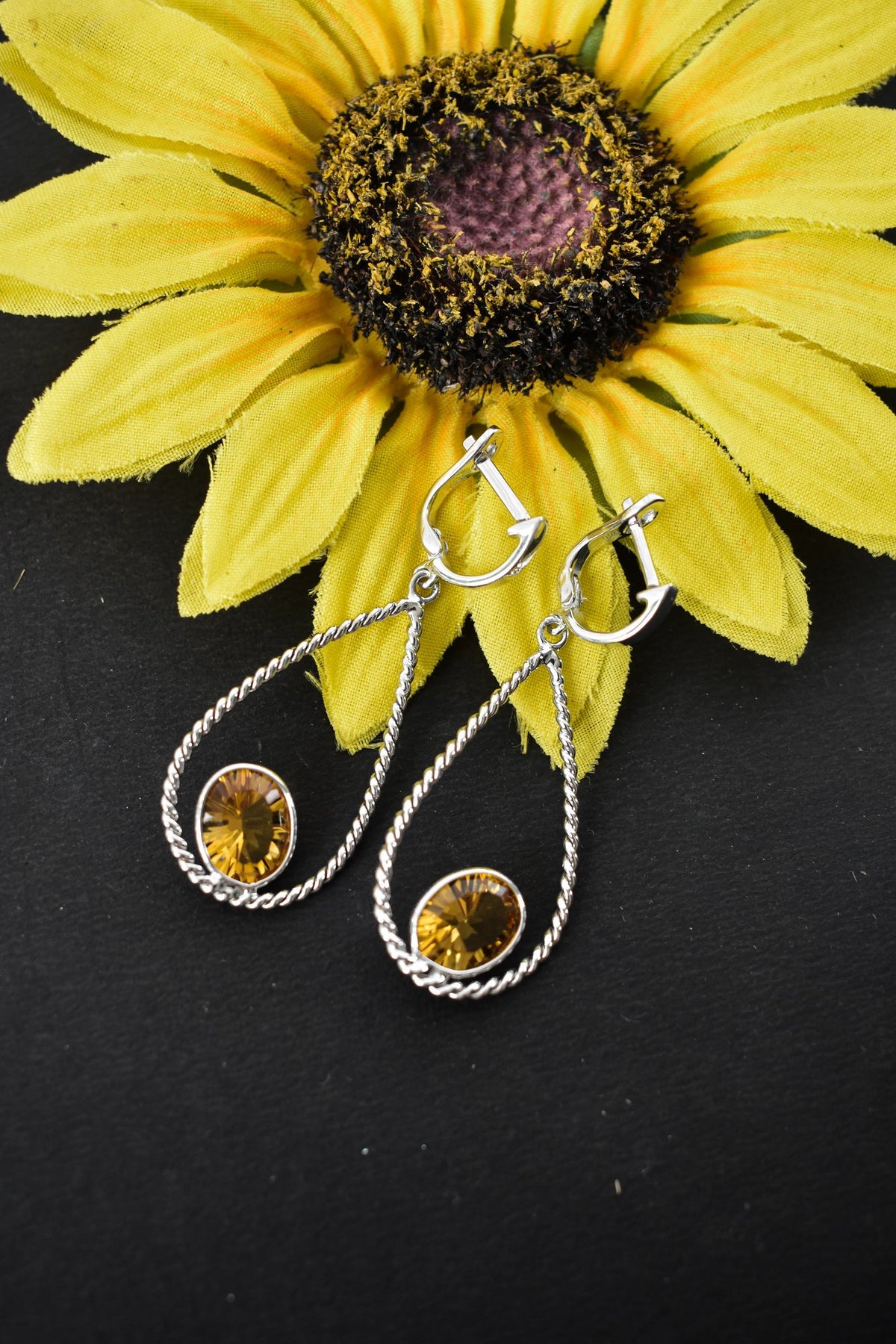 925 Silver Citrine Teardrop Earrings – Handmade Twisted-Rope Gemstone Jewelry