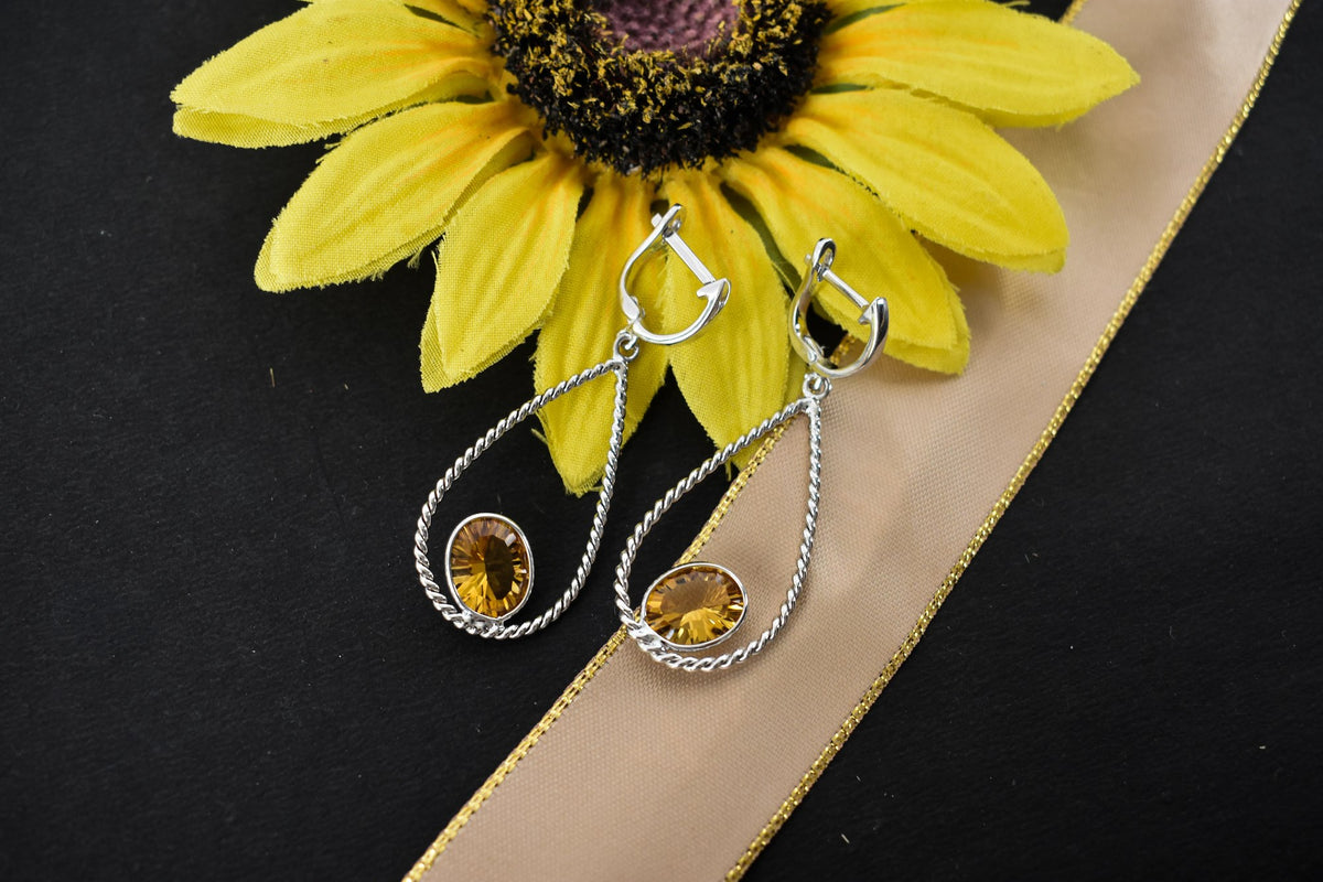 925 Silver Citrine Teardrop Earrings – Handmade Twisted-Rope Gemstone Jewelry