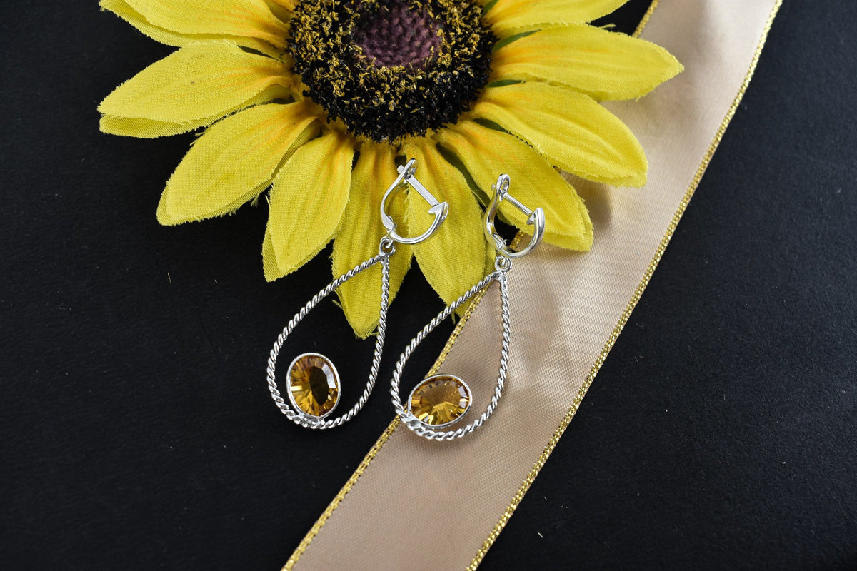 925 Silver Citrine Teardrop Earrings – Handmade Twisted-Rope Gemstone Jewelry