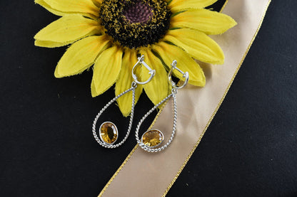 925 Silver Citrine Teardrop Earrings – Handmade Twisted-Rope Gemstone Jewelry