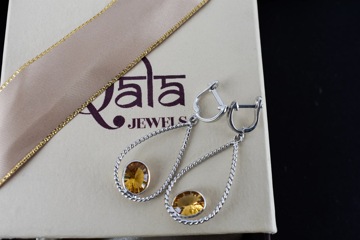 925 Silver Citrine Teardrop Earrings – Handmade Twisted-Rope Gemstone Jewelry
