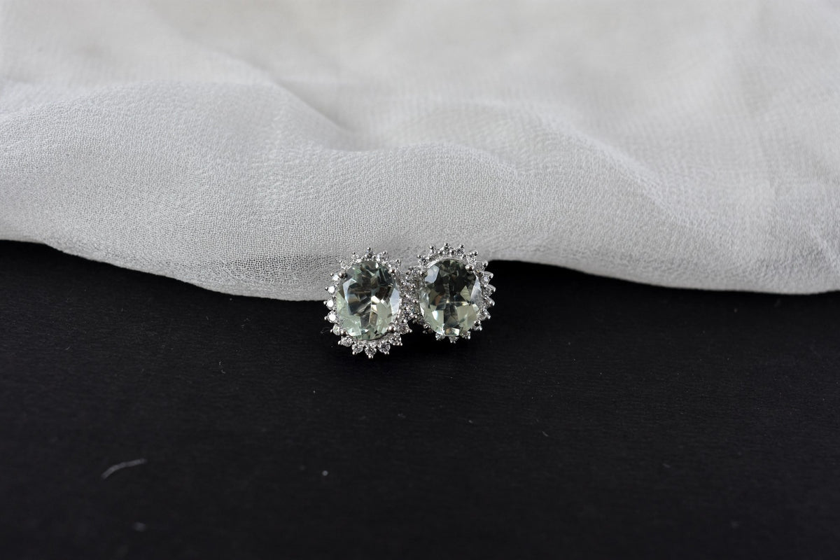 Green Amethyst Halo Stud Earrings in 925 Silver – Everyday Gemstone Jewelry