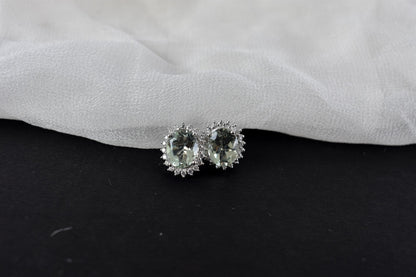 Green Amethyst Halo Stud Earrings in 925 Silver – Everyday Gemstone Jewelry