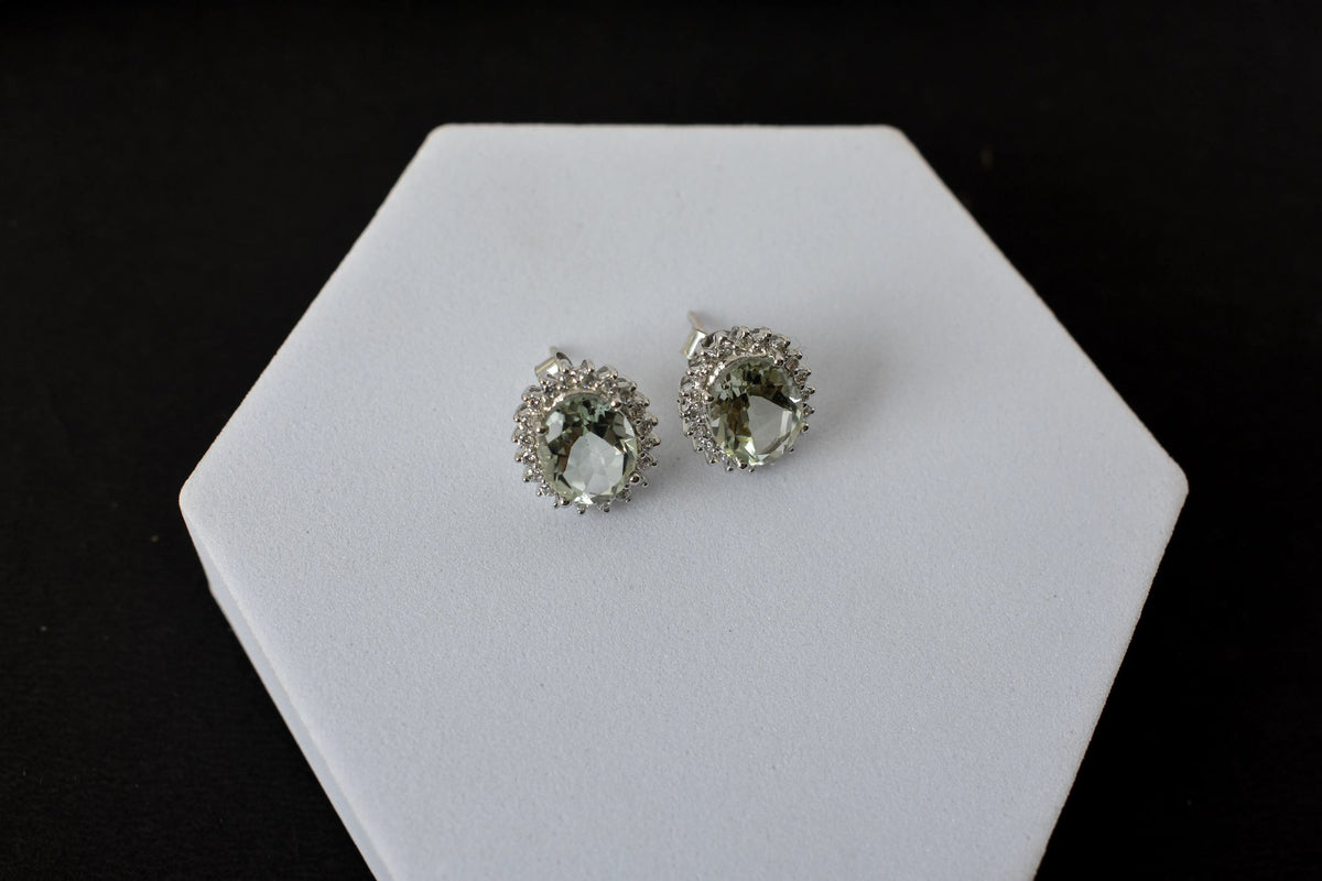 Green Amethyst Halo Stud Earrings in 925 Silver – Everyday Gemstone Jewelry