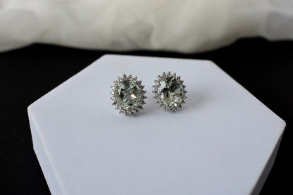 Green Amethyst Halo Stud Earrings in 925 Silver – Everyday Gemstone Jewelry