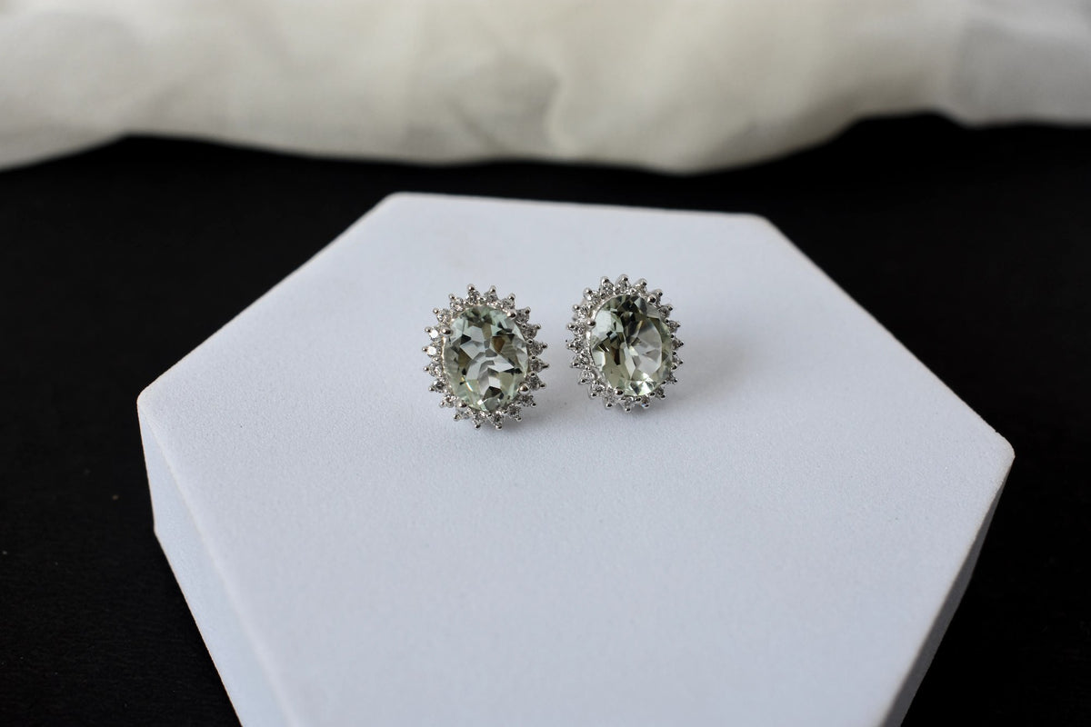 Green Amethyst Halo Stud Earrings in 925 Silver – Everyday Gemstone Jewelry