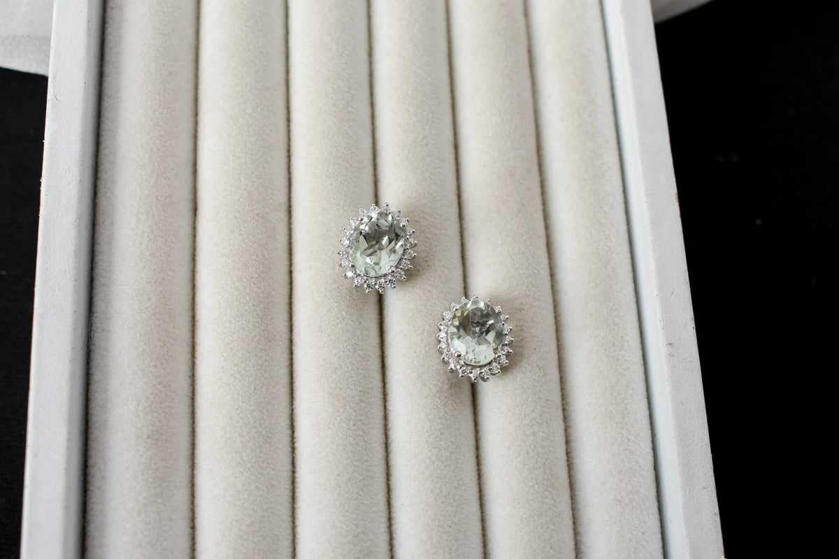 Green Amethyst Halo Stud Earrings in 925 Silver – Everyday Gemstone Jewelry