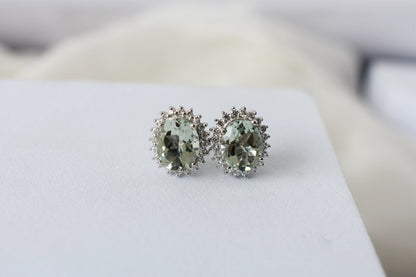 Green Amethyst Halo Stud Earrings in 925 Silver – Everyday Gemstone Jewelry