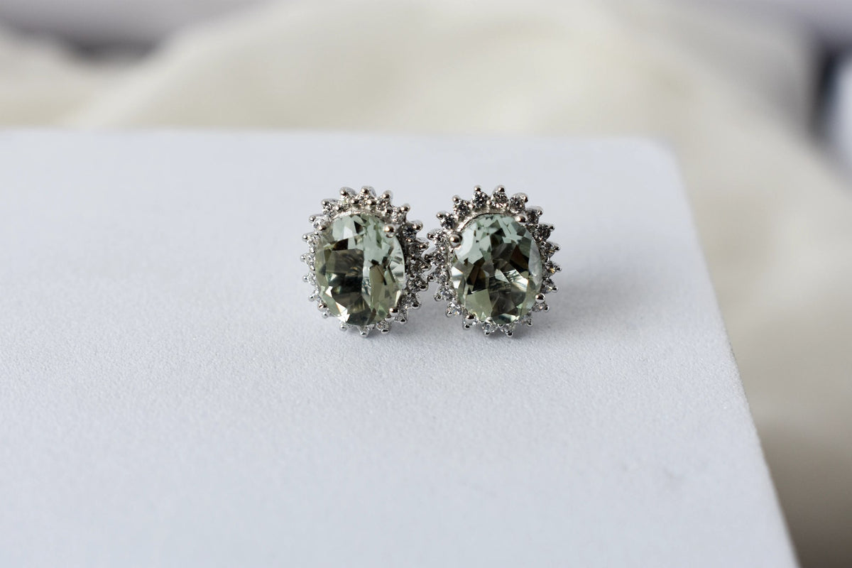 Green Amethyst Halo Stud Earrings in 925 Silver – Everyday Gemstone Jewelry