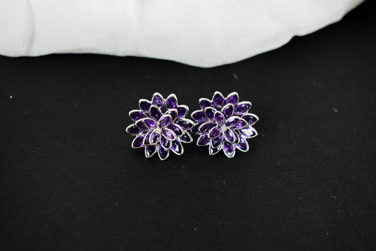 Amethyst Dahlia Statement Stud Earrings in 925 Silver – Layered Designer Jewelry