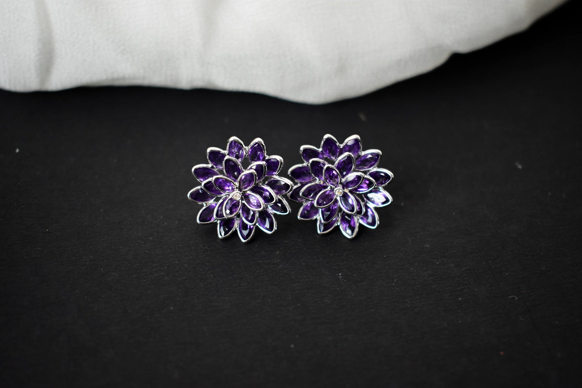 Amethyst Dahlia Statement Stud Earrings in 925 Silver – Layered Designer Jewelry
