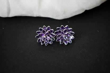 Amethyst Dahlia Statement Stud Earrings in 925 Silver – Layered Designer Jewelry