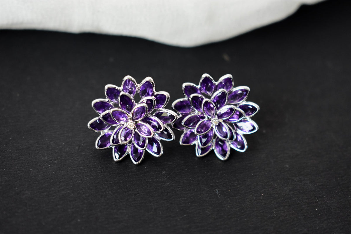 Amethyst Dahlia Statement Stud Earrings in 925 Silver – Layered Designer Jewelry