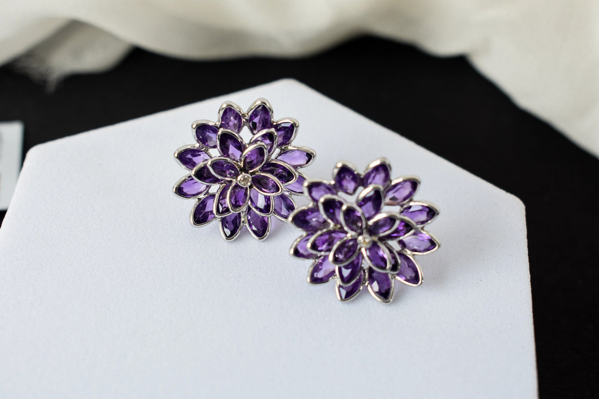 Amethyst Dahlia Statement Stud Earrings in 925 Silver – Layered Designer Jewelry