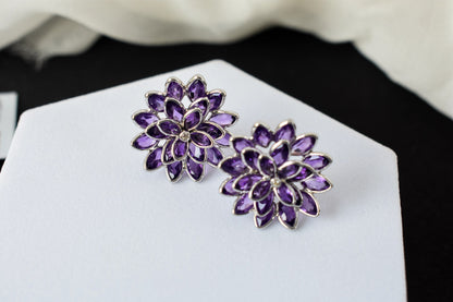 Amethyst Dahlia Statement Stud Earrings in 925 Silver – Layered Designer Jewelry