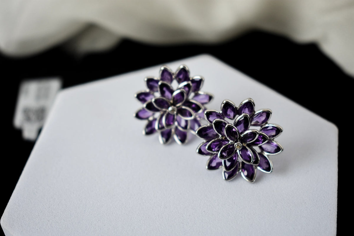 Amethyst Dahlia Statement Stud Earrings in 925 Silver – Layered Designer Jewelry
