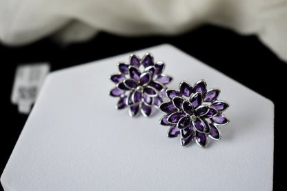 Amethyst Dahlia Statement Stud Earrings in 925 Silver – Layered Designer Jewelry