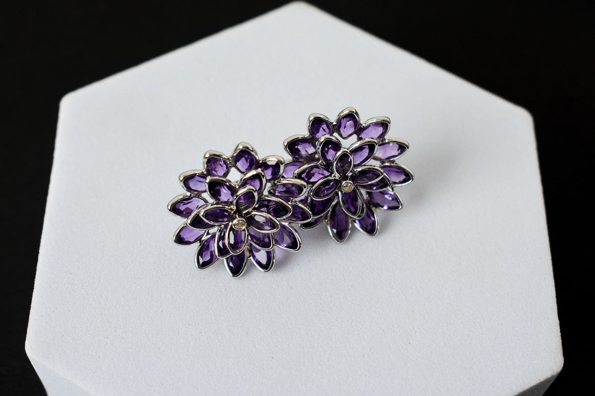 Amethyst Dahlia Statement Stud Earrings in 925 Silver – Layered Designer Jewelry