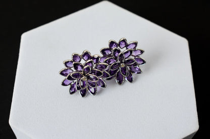 Amethyst Dahlia Statement Stud Earrings in 925 Silver – Layered Designer Jewelry