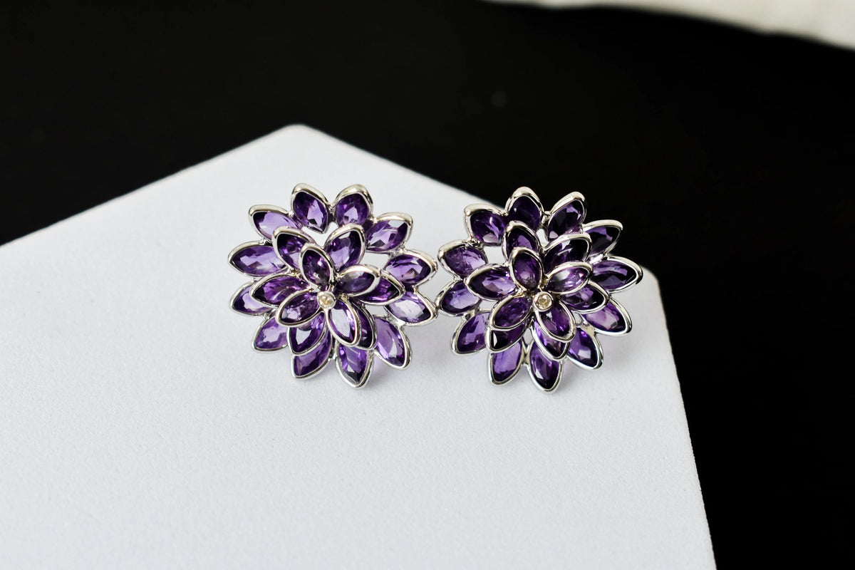 Amethyst Dahlia Statement Stud Earrings in 925 Silver – Layered Designer Jewelry