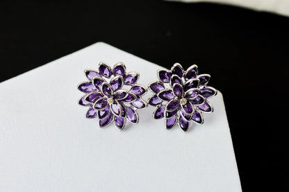 Amethyst Dahlia Statement Stud Earrings in 925 Silver – Layered Designer Jewelry