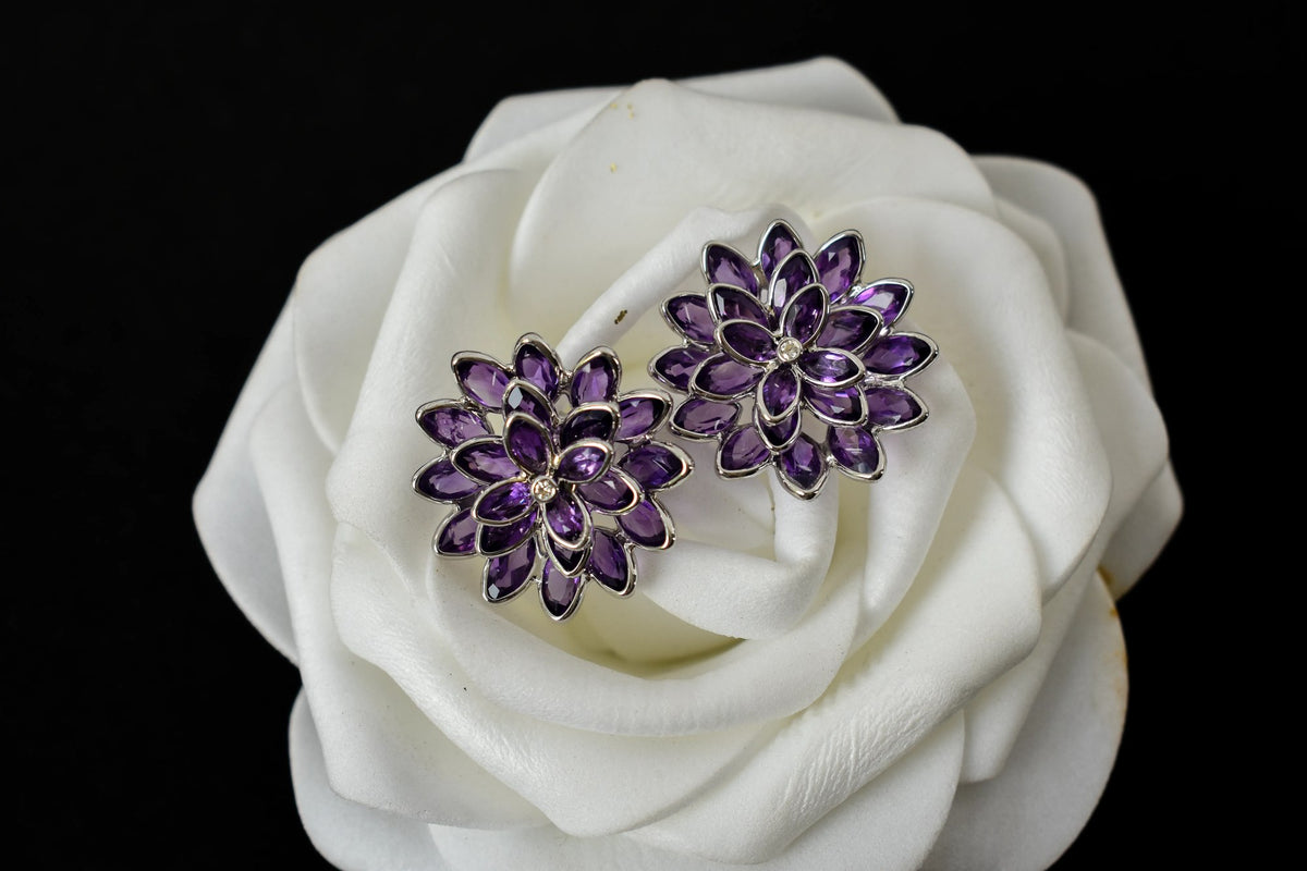 Amethyst Dahlia Statement Stud Earrings in 925 Silver – Layered Designer Jewelry