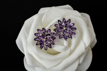 Amethyst Dahlia Statement Stud Earrings in 925 Silver – Layered Designer Jewelry