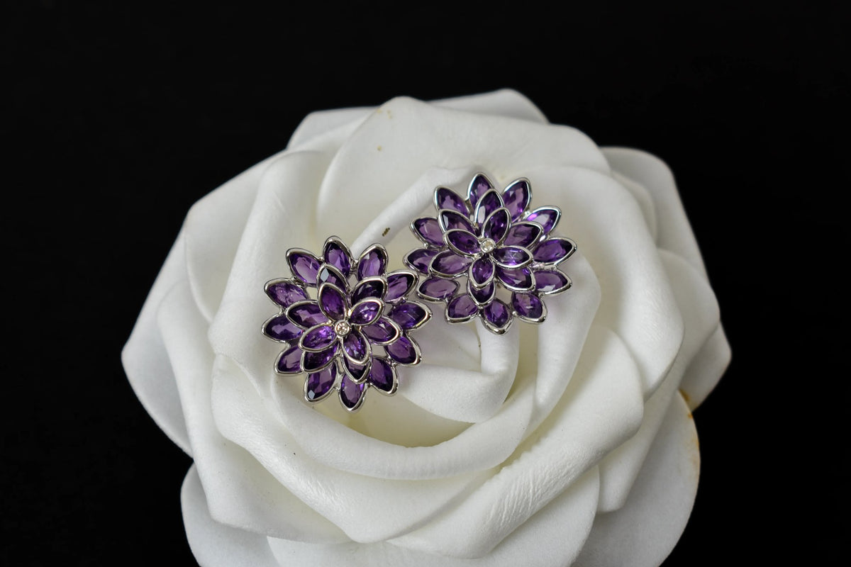 Amethyst Dahlia Statement Stud Earrings in 925 Silver – Layered Designer Jewelry
