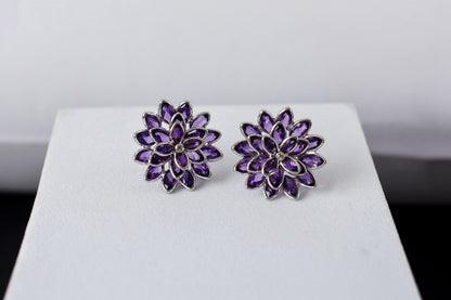 Amethyst Dahlia Statement Stud Earrings in 925 Silver – Layered Designer Jewelry