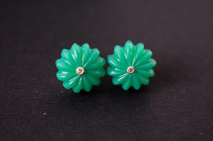 Carved Green Crystal Flower Stud Earrings in 925 Silver – Handmade Diamond Accent Jewelry