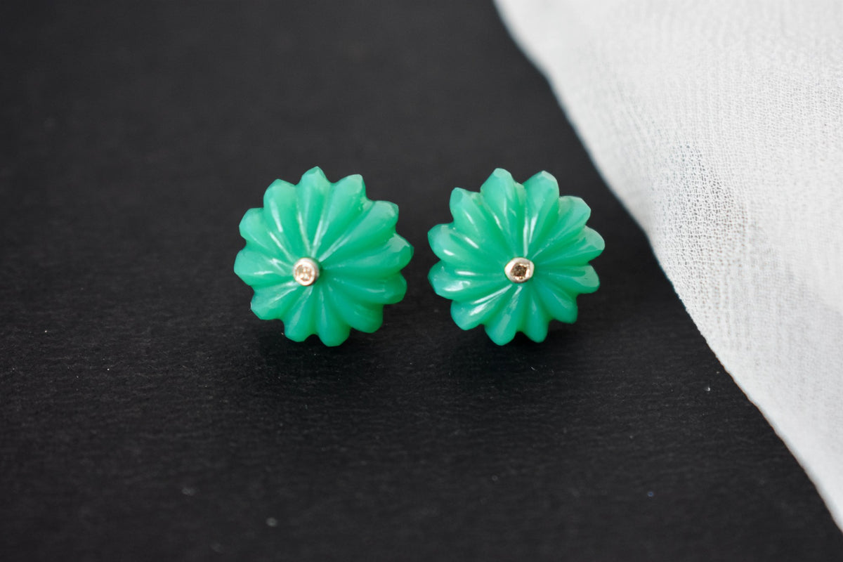 Carved Green Crystal Flower Stud Earrings in 925 Silver – Handmade Diamond Accent Jewelry