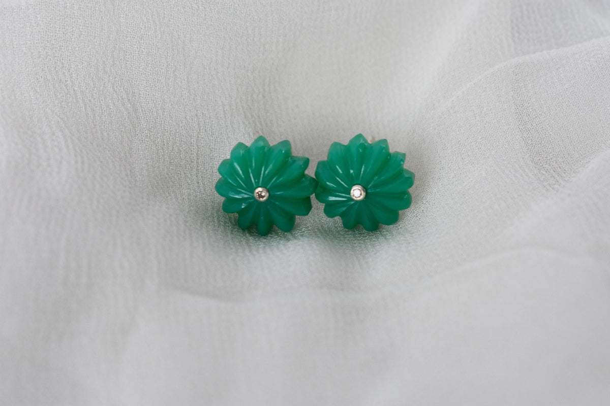 Carved Green Crystal Flower Stud Earrings in 925 Silver – Handmade Diamond Accent Jewelry