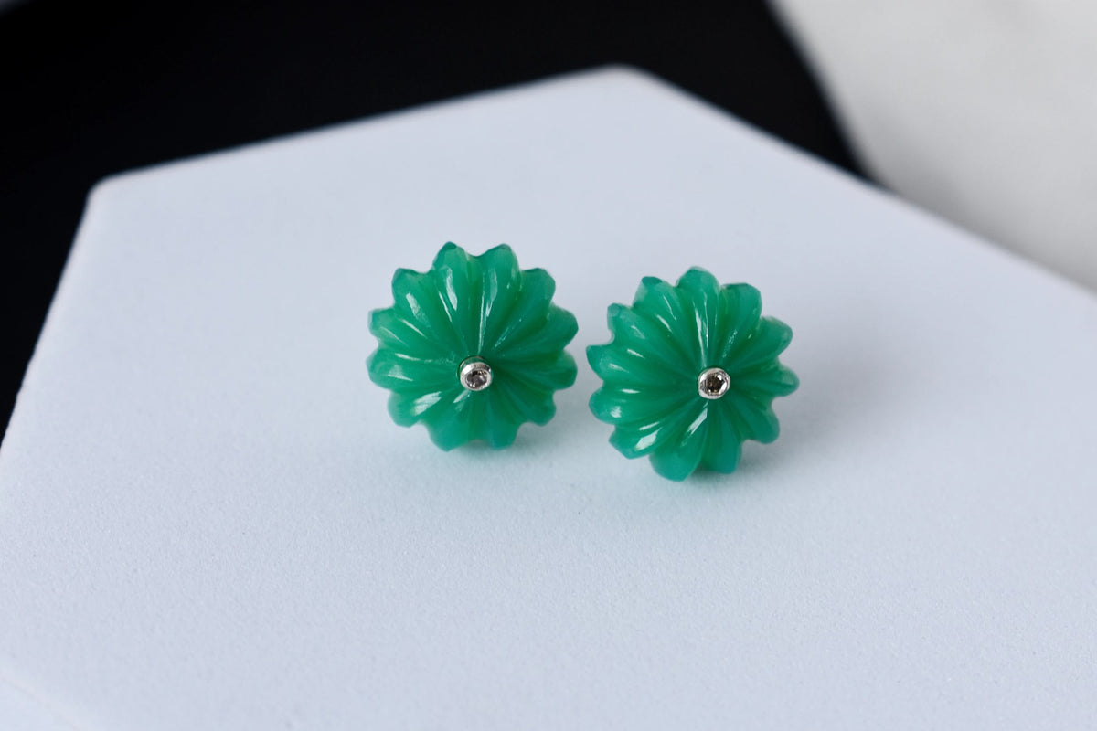 Carved Green Crystal Flower Stud Earrings in 925 Silver – Handmade Diamond Accent Jewelry