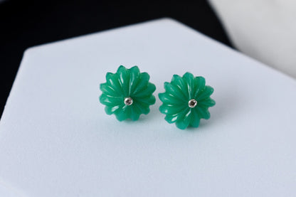 Carved Green Crystal Flower Stud Earrings in 925 Silver – Handmade Diamond Accent Jewelry