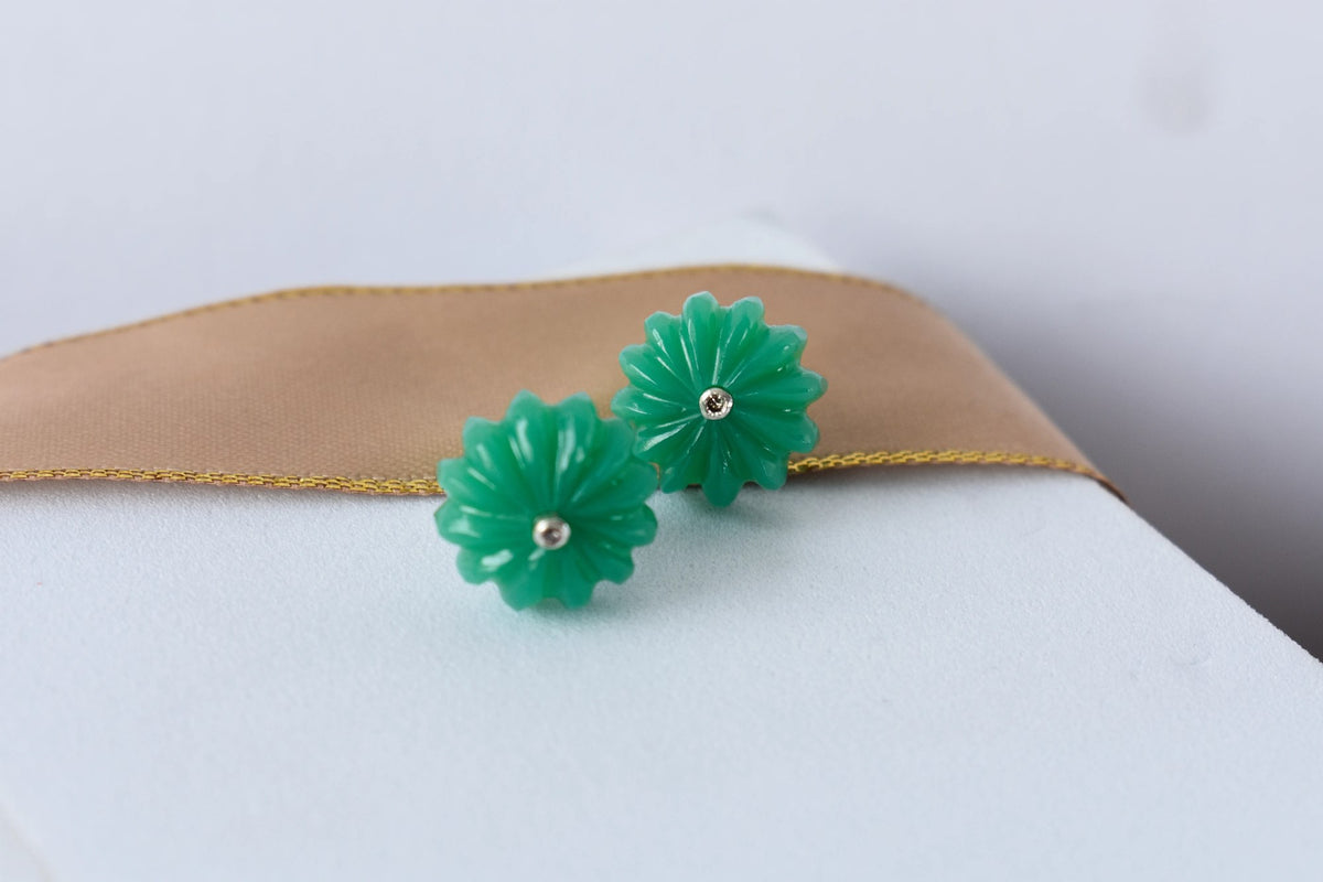 Carved Green Crystal Flower Stud Earrings in 925 Silver – Handmade Diamond Accent Jewelry