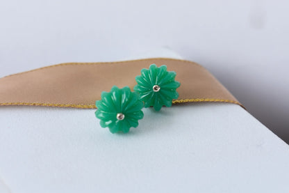 Carved Green Crystal Flower Stud Earrings in 925 Silver – Handmade Diamond Accent Jewelry