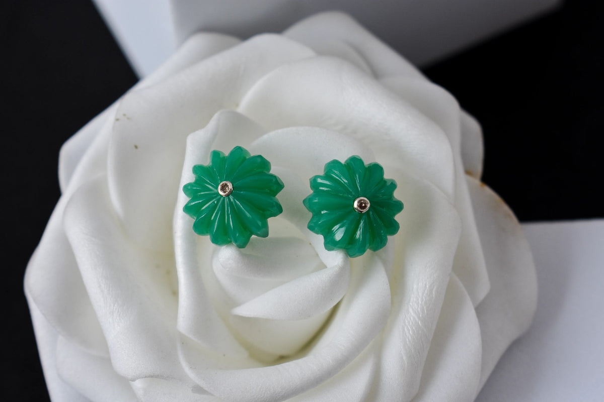 Carved Green Crystal Flower Stud Earrings in 925 Silver – Handmade Diamond Accent Jewelry