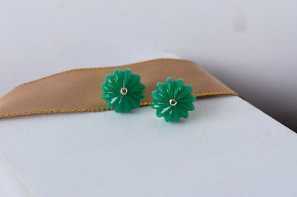 Carved Green Crystal Flower Stud Earrings in 925 Silver – Handmade Diamond Accent Jewelry
