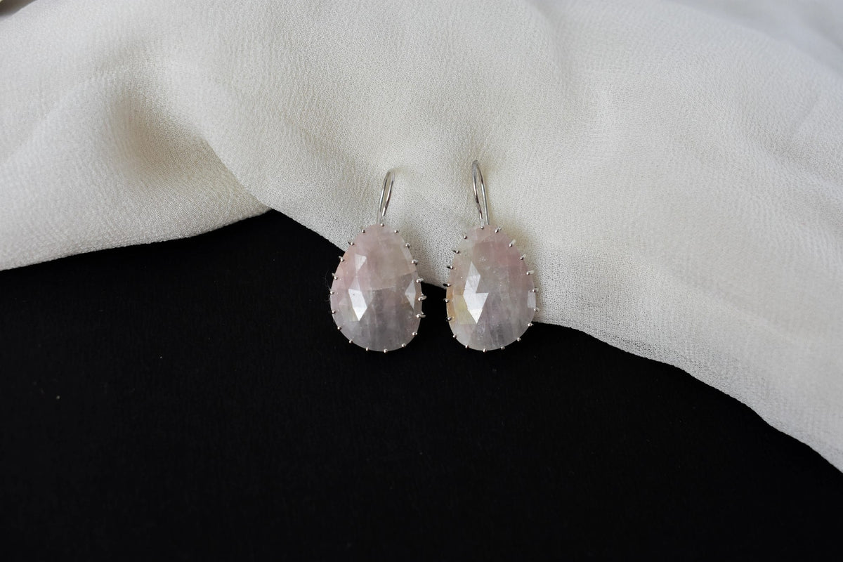 Freeform Sapphire Slice Drop Earrings in 925 Silver – Handmade Rose-Cut Gemstone Jewelry