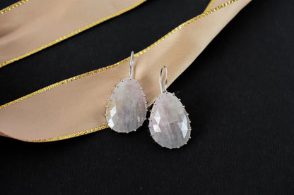 Freeform Sapphire Slice Drop Earrings in 925 Silver – Handmade Rose-Cut Gemstone Jewelry
