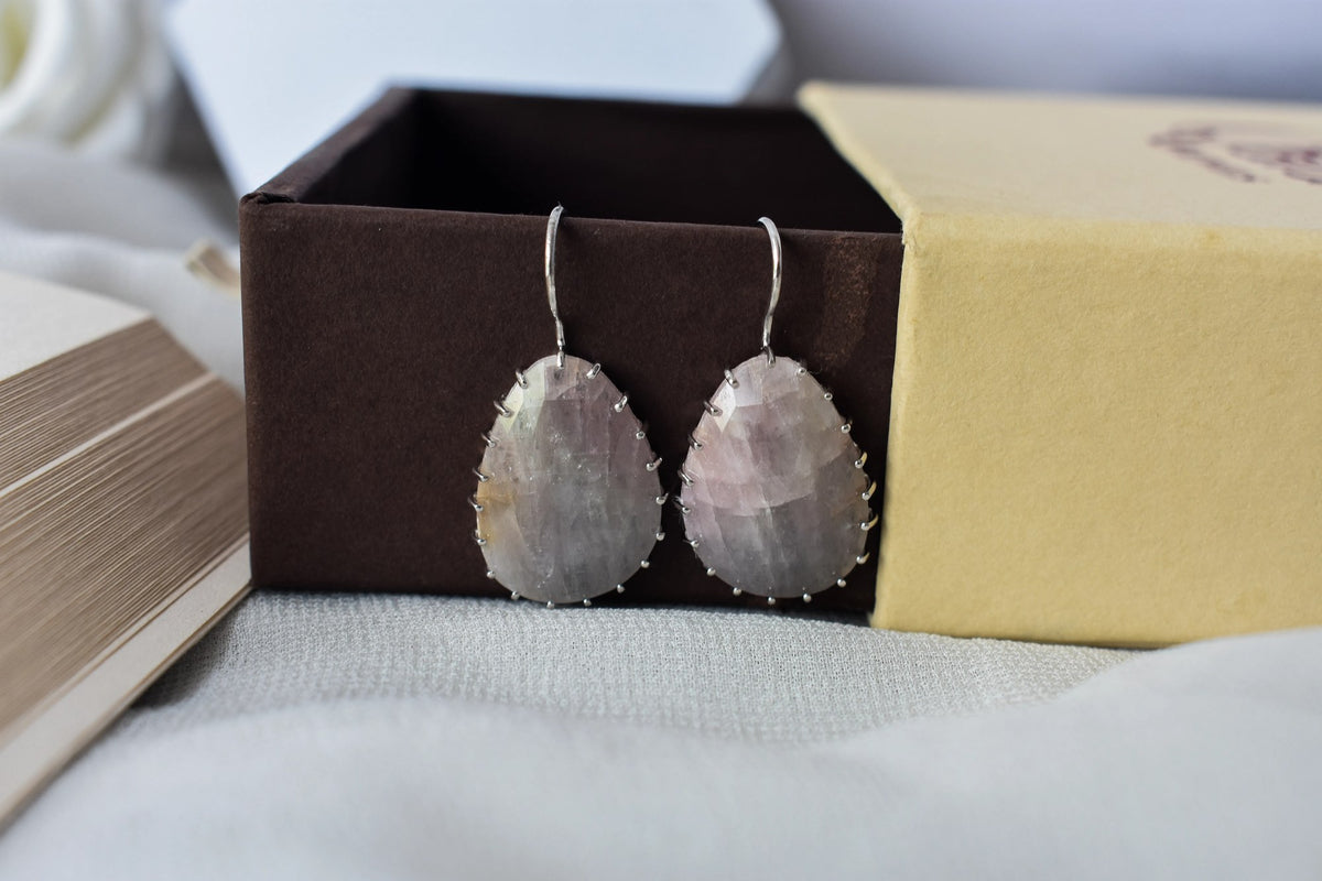 Freeform Sapphire Slice Drop Earrings in 925 Silver – Handmade Rose-Cut Gemstone Jewelry