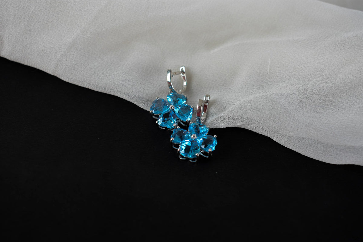 Swiss Blue Topaz Clover Drop Earrings in 925 Silver – Handmade Statement Jewelry