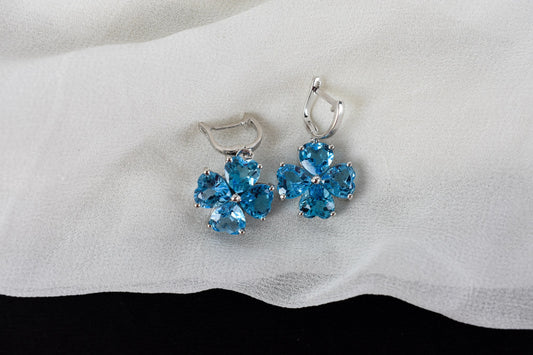 Swiss Blue Topaz Clover Drop Earrings in 925 Silver – Handmade Statement Jewelry