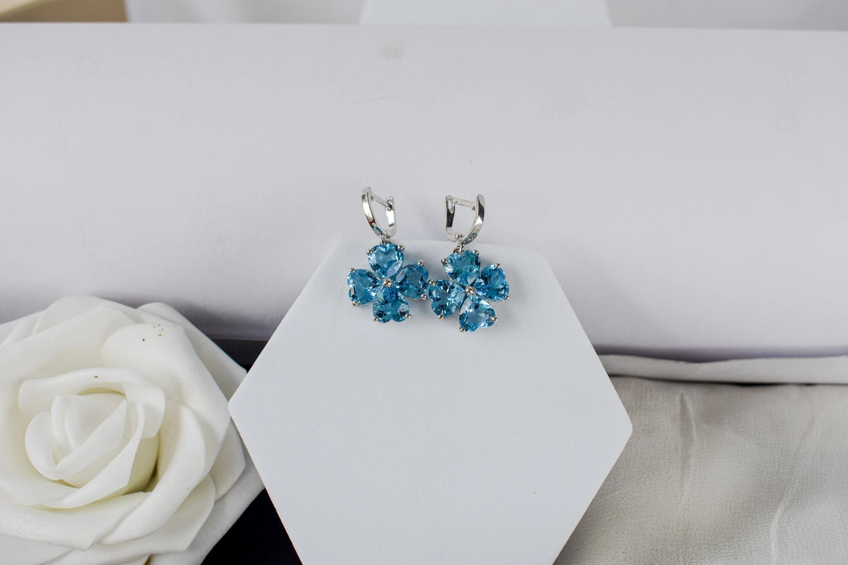 Swiss Blue Topaz Clover Drop Earrings in 925 Silver – Handmade Statement Jewelry